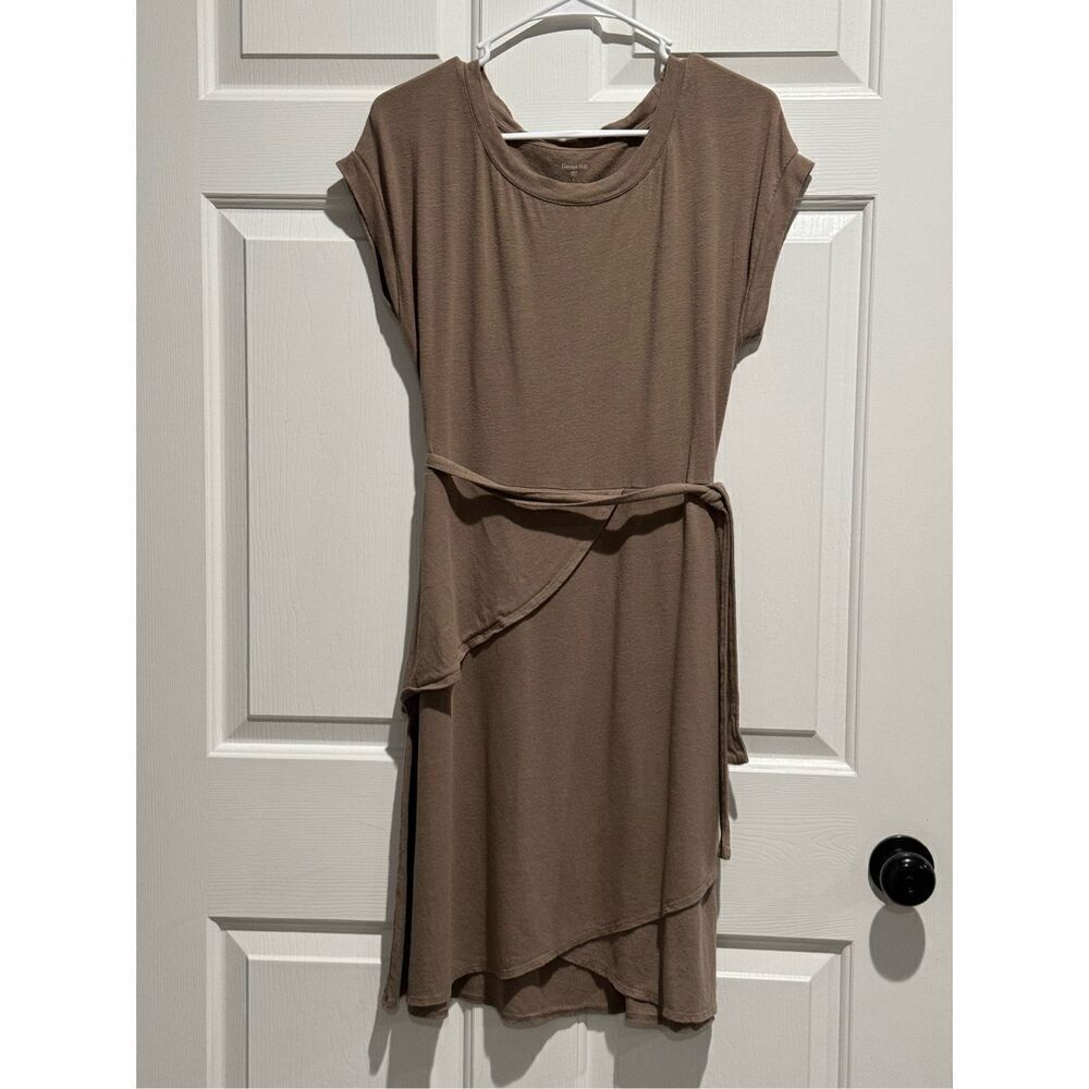 Garnet Hill Taupe Linen Blend Faux Wrap Short Sleeve Shirt Dress Size XS